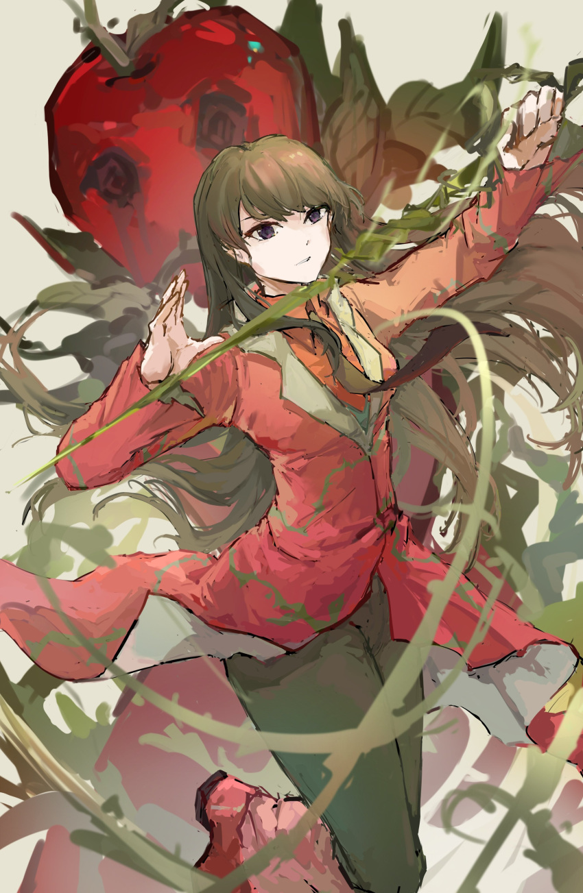 1girl absurdres apple black_necktie coat collared_shirt e.g.o_(project_moon) employee_(project_moon) food fruit green_hair green_pants highres holding holding_weapon leaf lobotomy_corporation monster necktie pants plant project_moon red_coat red_shirt shirt snow_white's_apple solo sword thorns v vines wan_shengyan weapon