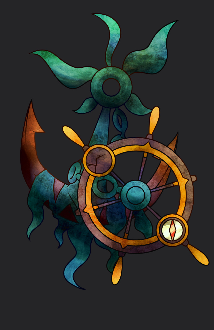 anchor commentary_request dhelmise free_butterfree full_body grey_background highres no_humans one-eyed pokemon pokemon_(creature) red_eyes seaweed ship's_wheel simple_background solo straight-on
