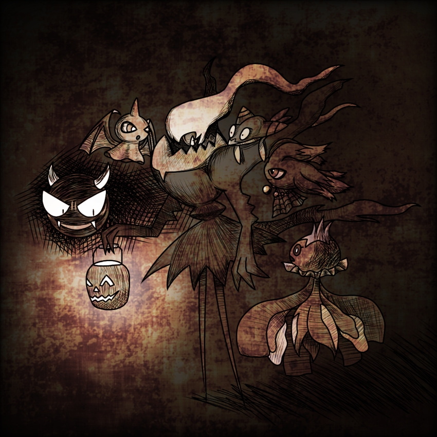 1other arm_at_side bat_wings black_skin bright_pupils colored_skin commentary_request constricted_pupils darkrai dreepy fangs floating free_butterfree frillish frillish_(female) full_body gastly glowing halloween hand_up happy highres holding holding_lantern horns lantern long_hair misdreavus open_mouth pokemon pokemon_(creature) profile shuppet smile standing white_hair white_pupils wings