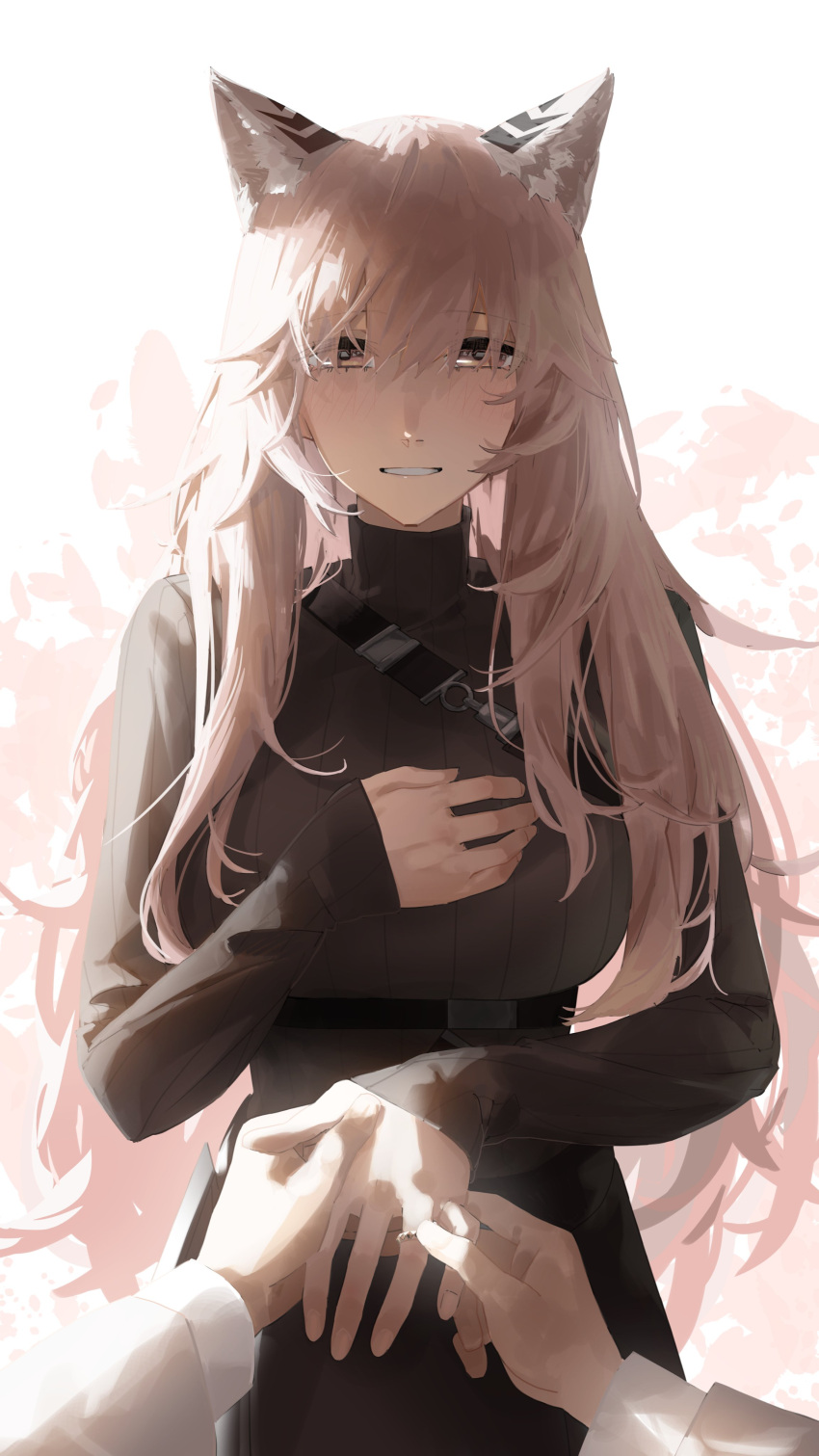 1girl absurdres animal_ears asimo_(hakurei10201) black_skirt blush cat_ears girls'_frontline_neural_cloud girls_frontline hand_on_own_chest highres jewelry long_hair looking_at_viewer parted_lips persicaria_(neural_cloud) pink_eyes pink_hair pov pov_hands ribbed_sweater ring skirt smile strap sweater wedding_ring