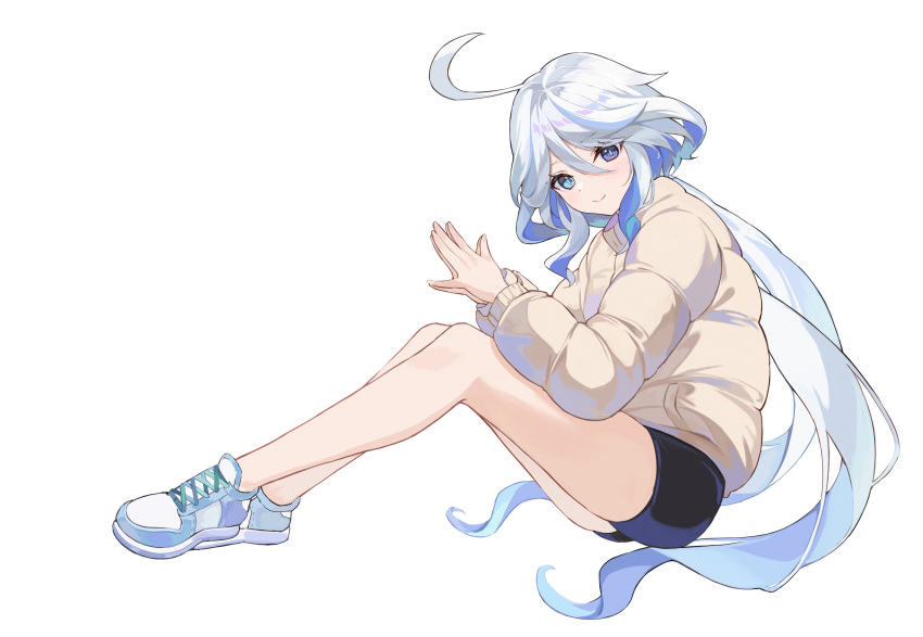 1girl absurdres alternate_costume arm_on_thigh black_shorts blue_footwear blue_hair colored_inner_hair cowlick cross-laced_footwear down_jacket drop-shaped_pupils from_side furina_(genshin_impact) genshin_impact grey_hair hair_between_eyes heterochromia highres jacket knees_up long_hair looking_at_viewer mismatched_pupils multicolored_hair okey own_hands_together shoes short_shorts shorts simple_background sitting smile sneakers solo steepled_fingers sweater two-tone_footwear wavy_hair white_background yellow_jacket yellow_sweater