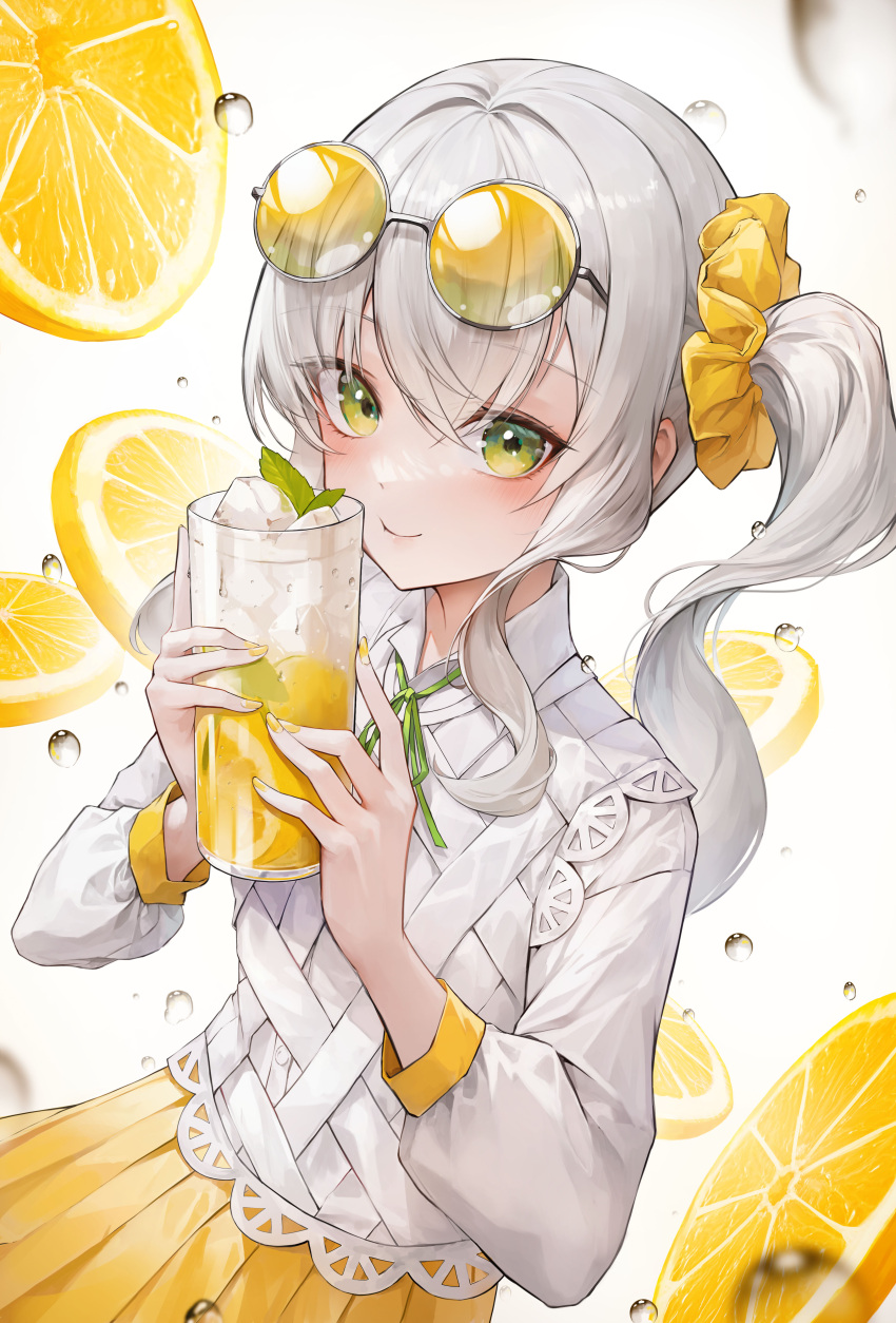 1girl absurdres closed_mouth commentary crystalherb cup drink eyewear_on_head fingernails food fruit green_eyes green_ribbon grey_hair hair_between_eyes hair_ornament hair_scrunchie highres holding holding_cup ice lemon lemon_slice long_sleeves looking_at_viewer nail_polish neck_ribbon original pleated_skirt ribbon round_eyewear scrunchie shirt side_ponytail sidelocks skirt smile solo sunglasses symbol-only_commentary white_background white_shirt yellow_nails yellow_scrunchie yellow_skirt