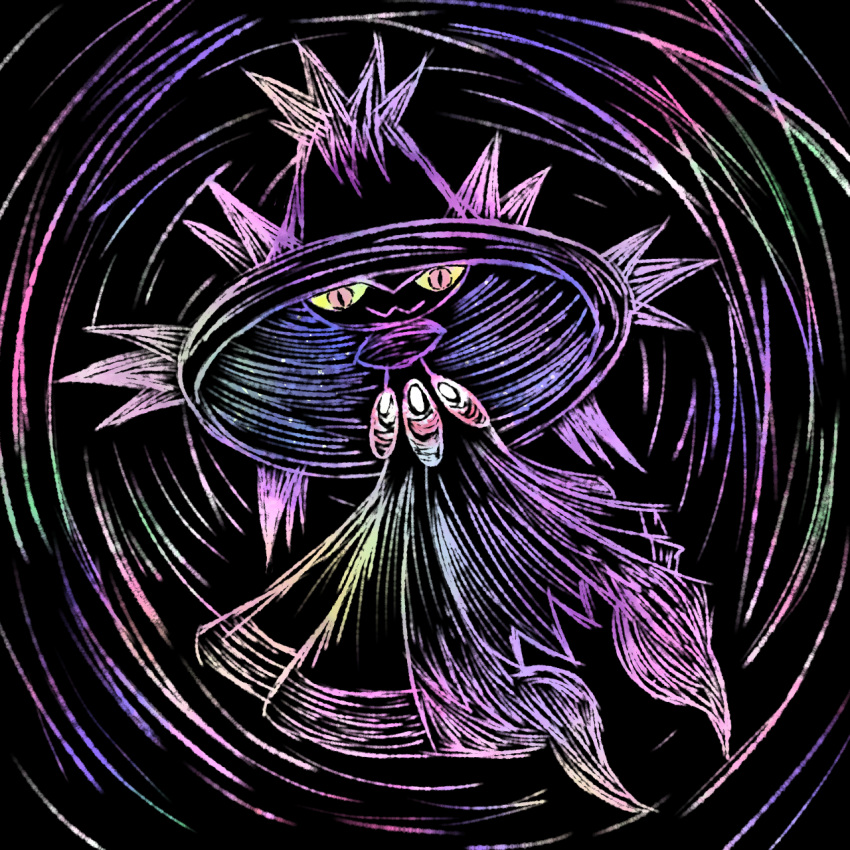 :3 chest_jewel closed_mouth colored_sclera commentary_request free_butterfree full_body gem happy hat highres looking_at_viewer mismagius no_humans pokemon pokemon_(creature) purple_headwear purple_theme red_eyes red_gemstone smile solo witch_hat yellow_sclera