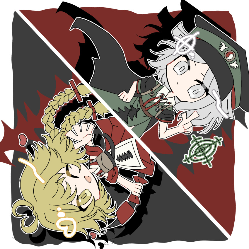 2others black_cape black_headwear blonde_hair bow_(weapon) braid cape chibi closed_mouth commentary_request crosshair dress finger_gun fujiwara_no_shirogane_no_sanra green_dress grey_eyes grey_hair hand_on_own_hip hat heart highres holding holding_bow_(weapon) holding_weapon japanese_clothes kimono len'en long_hair medium_hair multiple_others no_nose one_eye_closed ooama_no_ake_no_mitori open_mouth other_focus outline red_kimono red_trim short_sleeves sleeveless sleeveless_kimono smile torenn twin_braids weapon white_outline yellow_eyes
