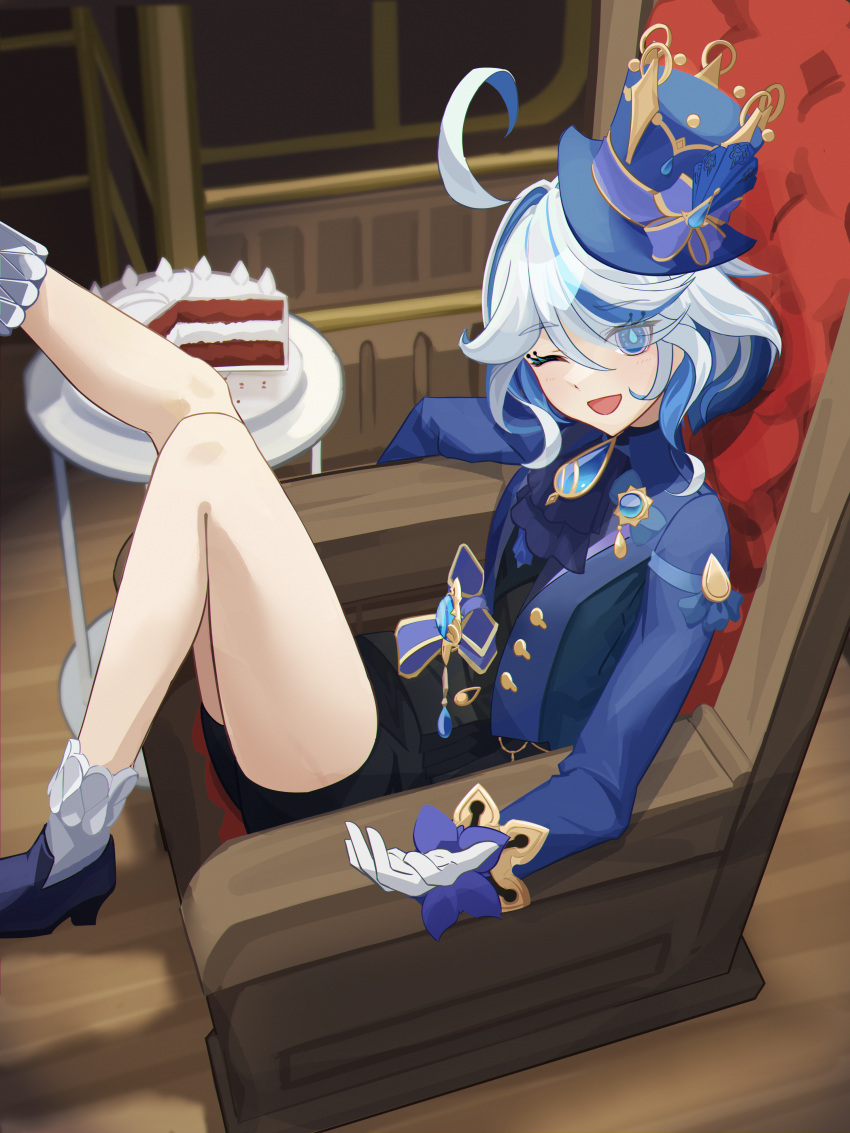 1girl absurdres ahoge ascot black_shorts blue_ascot blue_eyes blue_footwear blue_gemstone blue_hair blue_headwear blue_jacket breasts cake drop-shaped_pupils food furina_(genshin_impact) gem genshin_impact gloves hair_between_eyes hair_over_one_eye hat highres jacket kitsunezaki light_blush looking_at_viewer lying medium_hair multicolored_hair on_back on_chair one_eye_closed open_clothes open_jacket open_mouth short_shorts shorts small_breasts smile solo streaked_hair top_hat white_gloves white_hair