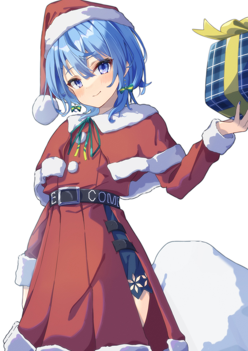 1girl absurdres belt blue_eyes blue_hair blush brown_belt cape capelet christmas_present dress fur-trimmed_capelet fur-trimmed_dress fur-trimmed_headwear fur_trim gift hat highres holding holding_gift hololive hoshimachi_suisei kisara_mikami looking_at_viewer medium_hair red_cape red_headwear santa_capelet santa_dress santa_hat smile solo virtual_youtuber white_background