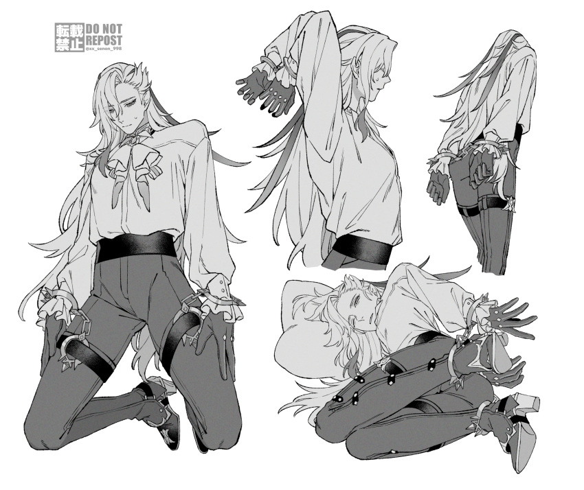 1boy arm_up ascot boots closed_mouth cuffs feather_hair_ornament feathers from_behind from_side genshin_impact gloves greyscale hair_ornament handcuffs high_heel_boots high_heels highres long_hair long_sleeves looking_at_viewer looking_down lying male_focus monochrome multiple_views neuvillette_(genshin_impact) on_side one_eye_closed pants pillow pointy_ears shirt sidelocks simple_background sweatdrop white_background yanase_seno