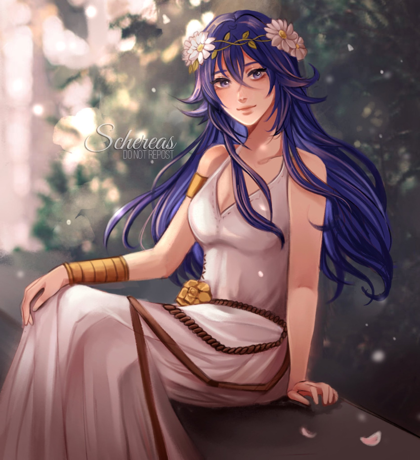 1girl armlet artist_name bare_shoulders blue_eyes blue_hair bracelet closed_mouth dress fire_emblem fire_emblem_awakening fire_emblem_heroes flower hair_between_eyes hair_flower hair_ornament highres jewelry long_hair looking_at_viewer lucina_(fire_emblem) lucina_(valentine)_(fire_emblem) official_alternate_costume schereas sitting sleeveless sleeveless_dress smile solo white_dress
