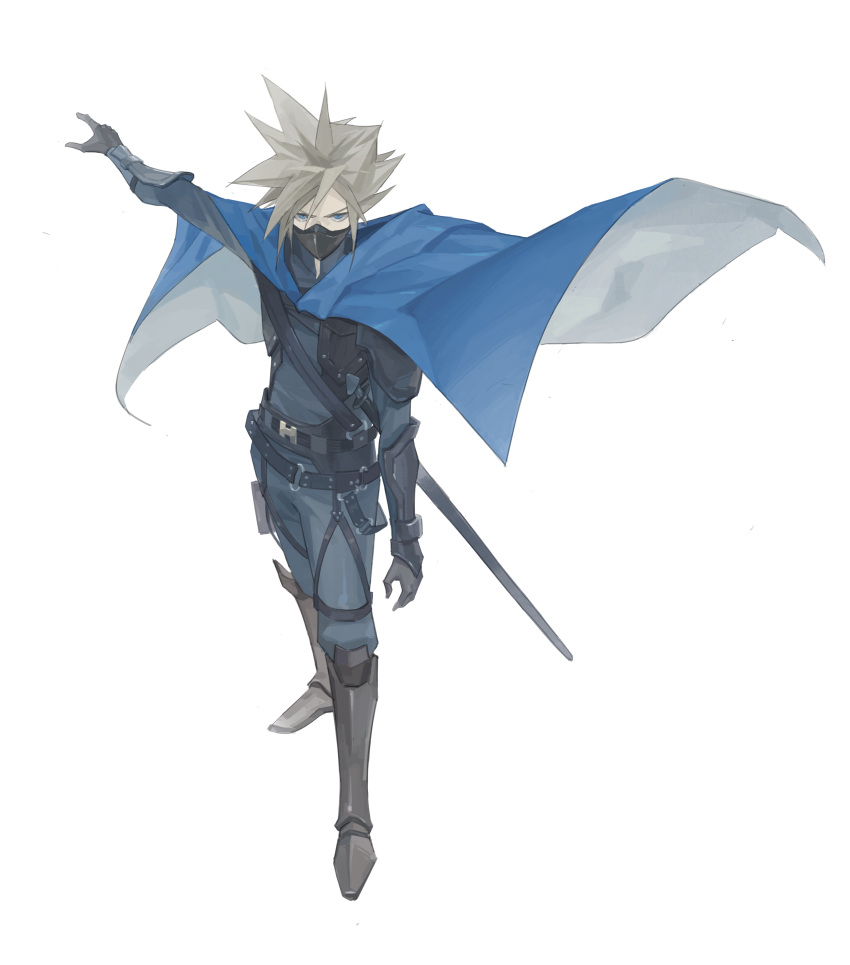 1boy absurdres arm_armor armor armored_boots belt black_gloves black_pants black_shirt blonde_hair blue_cape blue_eyes boots cape chest_strap cloud_strife commentary covered_mouth dododo final_fantasy final_fantasy_vii final_fantasy_vii_remake from_above full_body glaring gloves grey_footwear high_collar highres knight long_sleeves male_focus mask mouth_mask official_alternate_costume outstretched_arm pants scabbard serious shadow sheath shirt short_hair shoulder_armor shoulder_strap simple_background solo spiky_hair sword thigh_strap weapon white_background