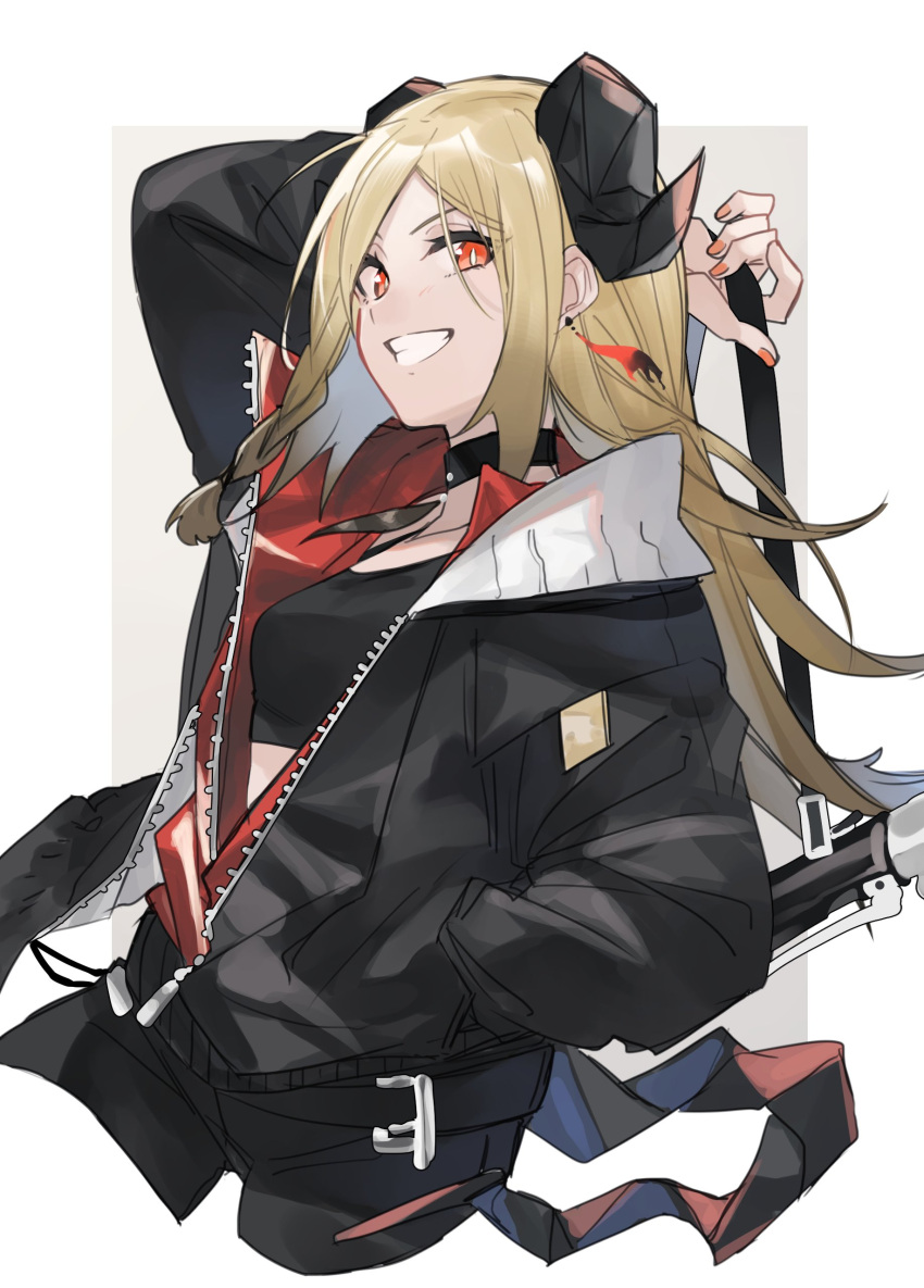 1girl absurdres alternate_costume arknights arm_up black_jacket black_tank_top blonde_hair border brown_background collar commentary cropped_torso demon_girl demon_horns grin hand_in_pocket highres holding horns ifrit_(arknights) jacket leaning_back long_hair looking_at_viewer orange_eyes simple_background smile solo tank_top upper_body yakota_(usuk-yako)