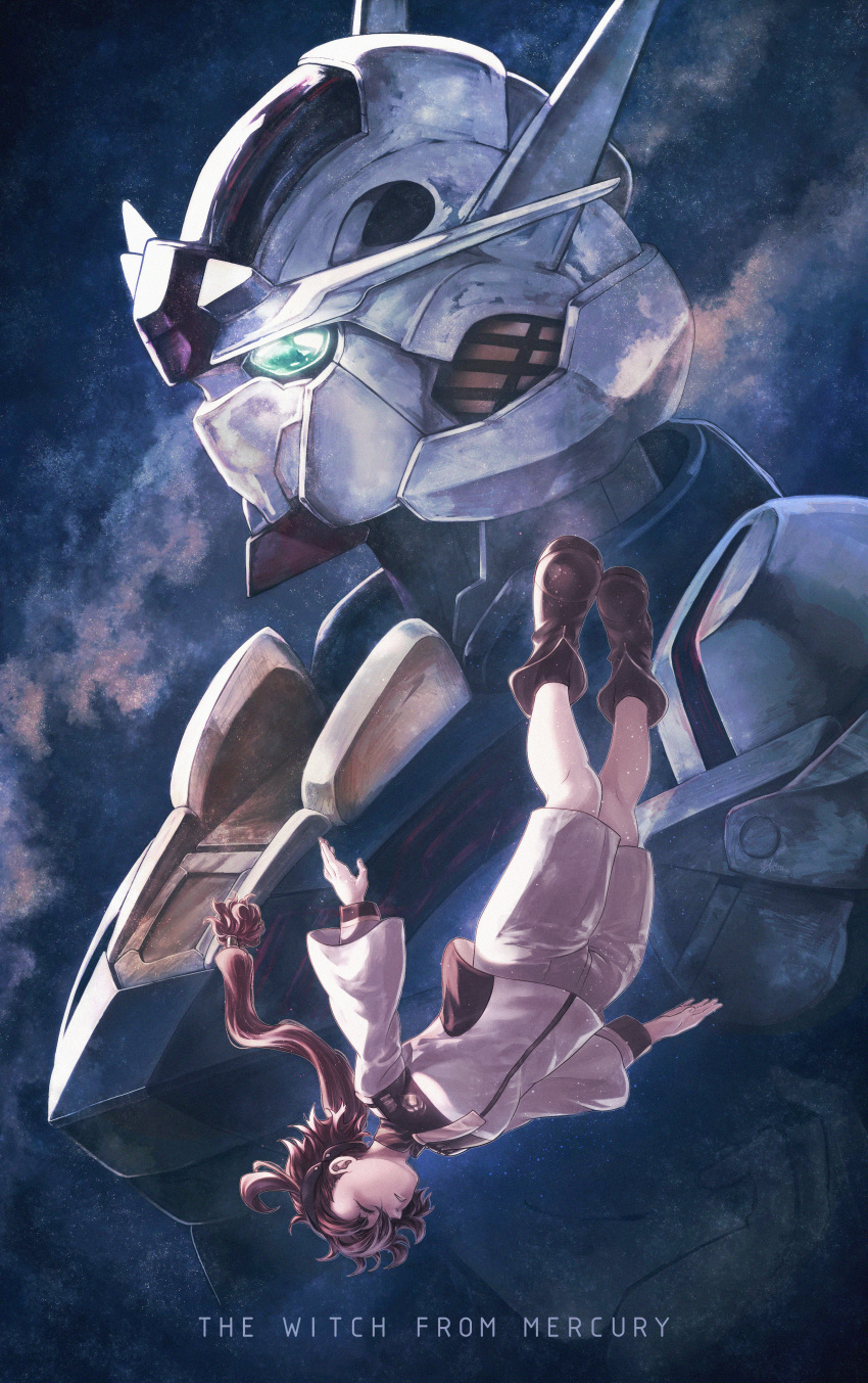 1girl absurdres boots breasts brown_footwear brown_socks closed_eyes copyright_name falling galaxy gundam gundam_aerial gundam_suisei_no_majo hairband highres jacket jean_jdw long_hair long_sleeves low_ponytail mecha outstretched_arms parted_lips redhead robot shorts single_hair_tube small_breasts socks solo spread_arms suletta_mercury white_jacket white_shorts