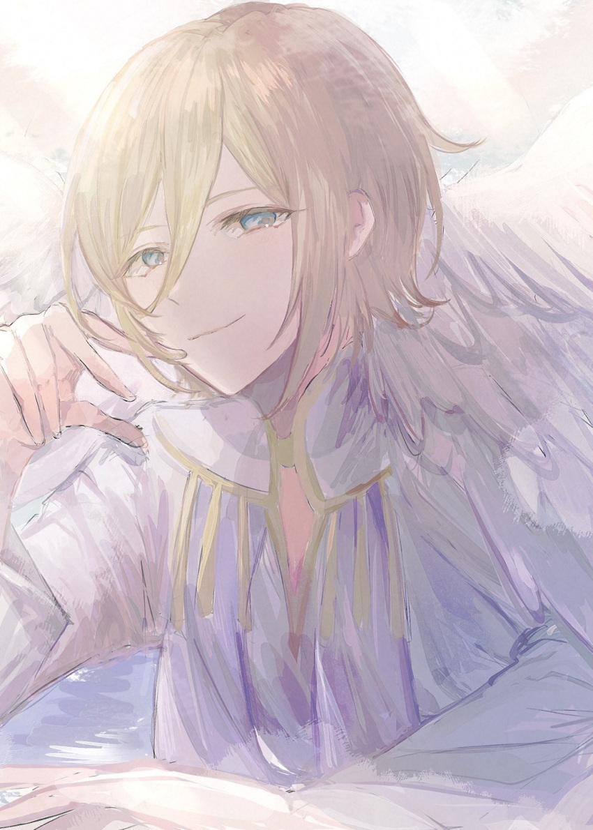 1boy angel angel_wings blonde_hair blue_eyes blush closed_mouth ensemble_stars! feathered_wings feathers highres long_sleeves looking_at_viewer male_focus ntec231 purple_scarf scarf shirt short_hair smile solo tenshouin_eichi white_feathers white_shirt white_wings wings