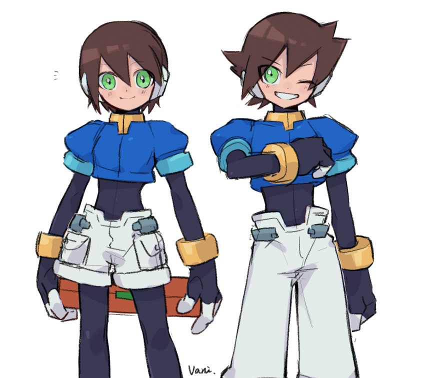 1boy 1girl aile_(mega_man_zx) artist_name black_bodysuit bodysuit brown_hair cropped_jacket green_eyes highres looking_at_viewer mega_man_(series) mega_man_zx one_eye_closed pants robot_ears short_hair shorts signature vani_(hisha_04) vent_(mega_man) white_pants white_shorts