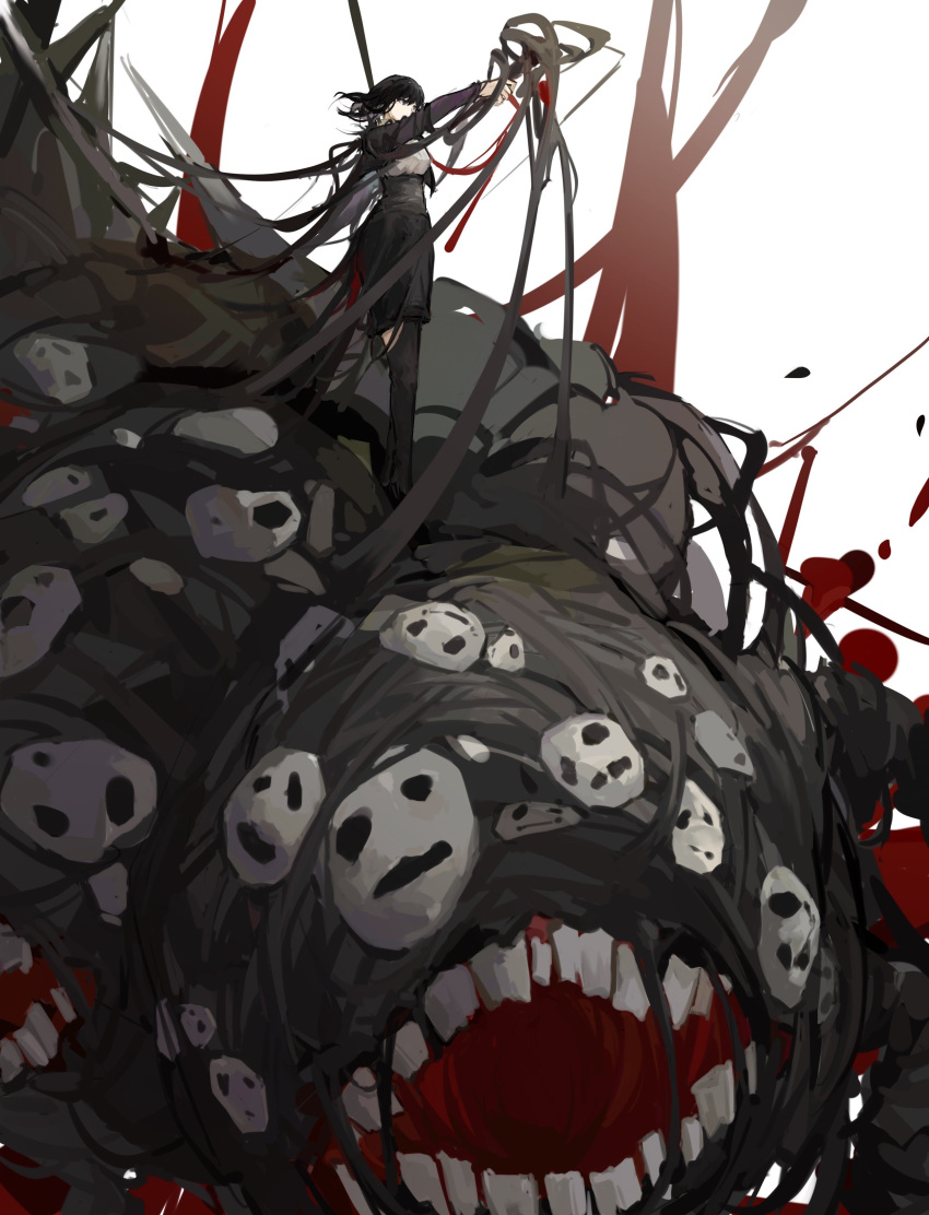 1girl absurdres black_hair black_pantyhose black_skirt blood e.g.o_(project_moon) employee_(project_moon) highres holding holding_weapon lobotomy_corporation mask monster mountain_of_smiling_bodies open_mouth pantyhose project_moon short_hair simple_background skirt standing teeth wan_shengyan weapon white_background
