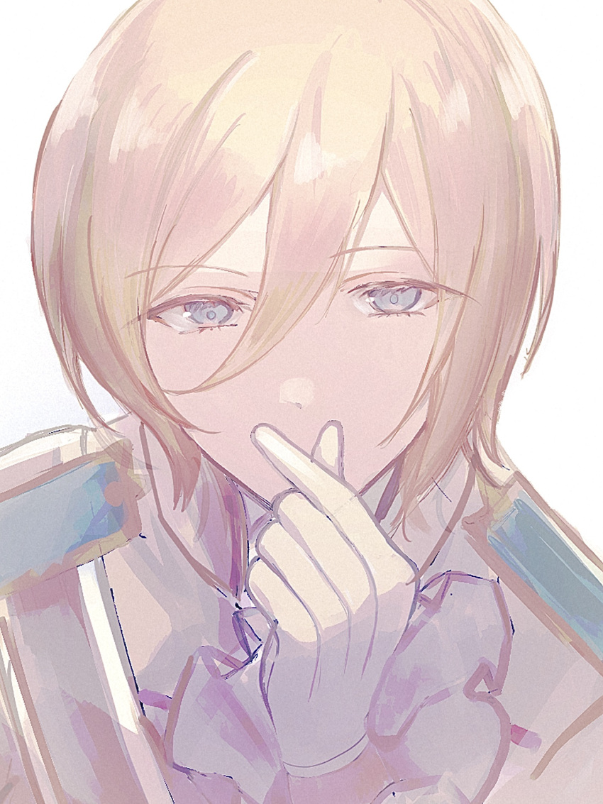 1boy bishounen blonde_hair blue_eyes blue_jacket colored_eyelashes ensemble_stars! finger_heart gloves grey_background highres jacket looking_at_viewer male_focus multicolored_clothes multicolored_jacket ntec231 short_hair sketch solo tenshouin_eichi white_gloves white_jacket