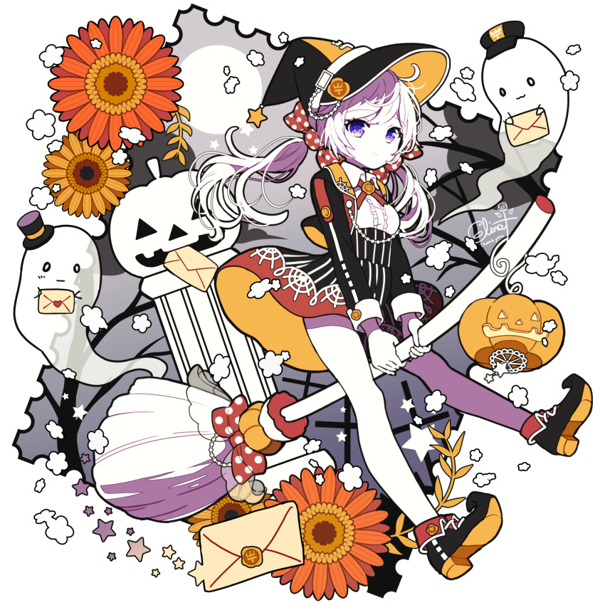 1girl artist_name bare_legs black_dress black_footwear black_headwear bow broom broom_riding closed_mouth clouds commentary daisy dress elina_(e2n04n) english_commentary fence flower full_body ghost grey_sky hair_bow halloween hat highres holding holding_letter letter light_smile long_hair long_sleeves looking_at_viewer moon orange_flower original pointed_footwear polka_dot polka_dot_bow postage_stamp pumpkin simple_background sky sleeve_cuffs smile solo star_(symbol) thank_you top_hat tree twintails violet_eyes white_background white_hair witch witch_hat yellow_flower