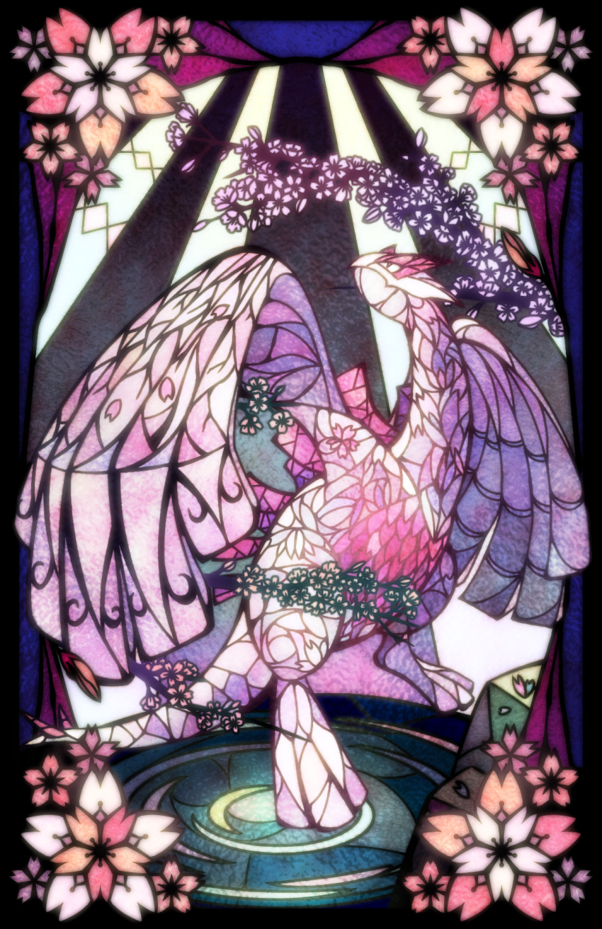 alternate_color black_border black_eyes border cherry_blossoms commentary_request flower free_butterfree full_body highres light_rays looking_up lugia outside_border partial_commentary pink_flower pokemon pokemon_(creature) shiny_pokemon stained_glass standing