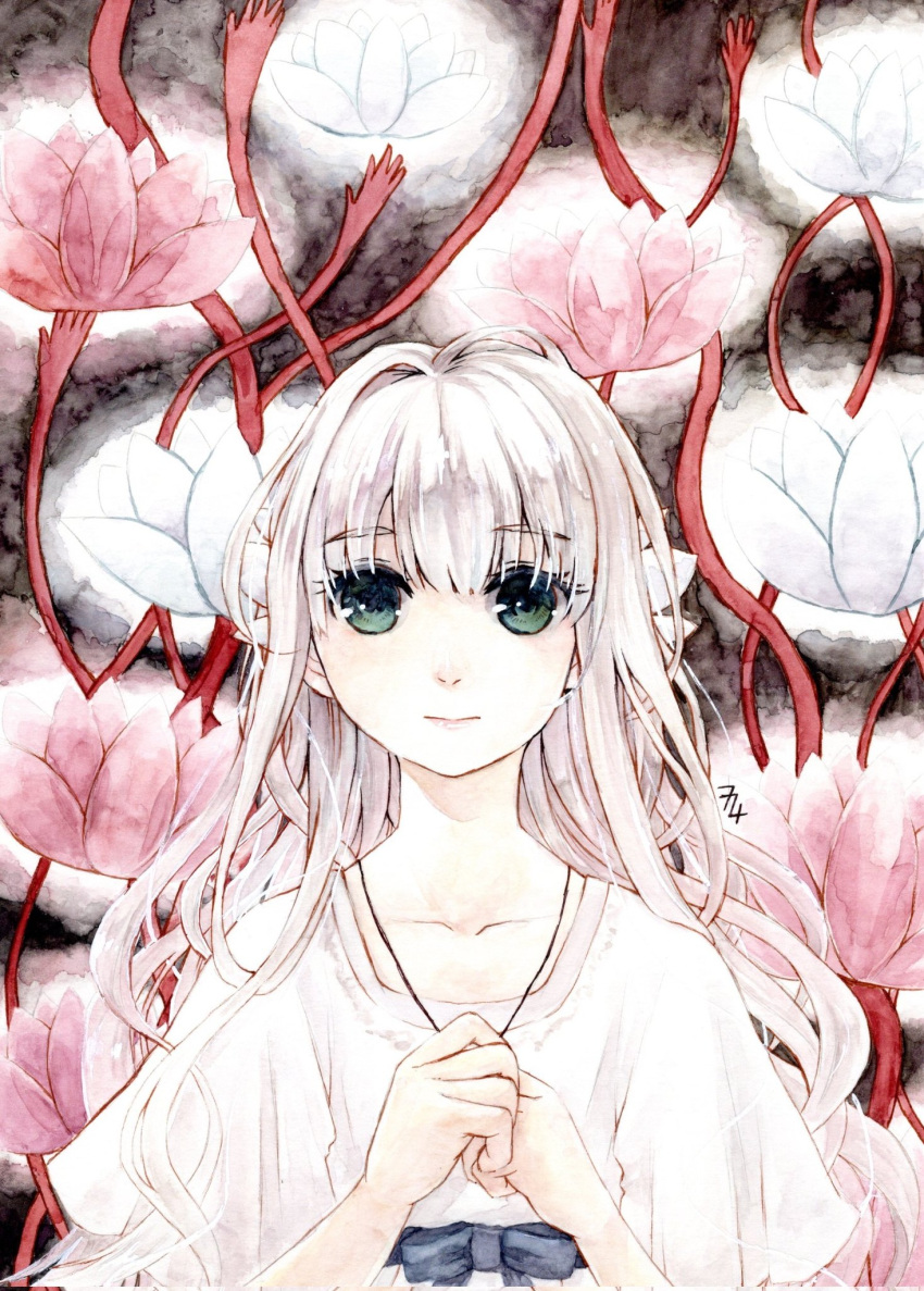 1girl commentary_request dress ender_lilies_quietus_of_the_knights flower green_eyes hair_ornament highres jewelry light_smile lily_(ender_lilies) long_hair lotus mohe4774 necklace own_hands_together red_flower solo upper_body white_dress white_flower white_hair