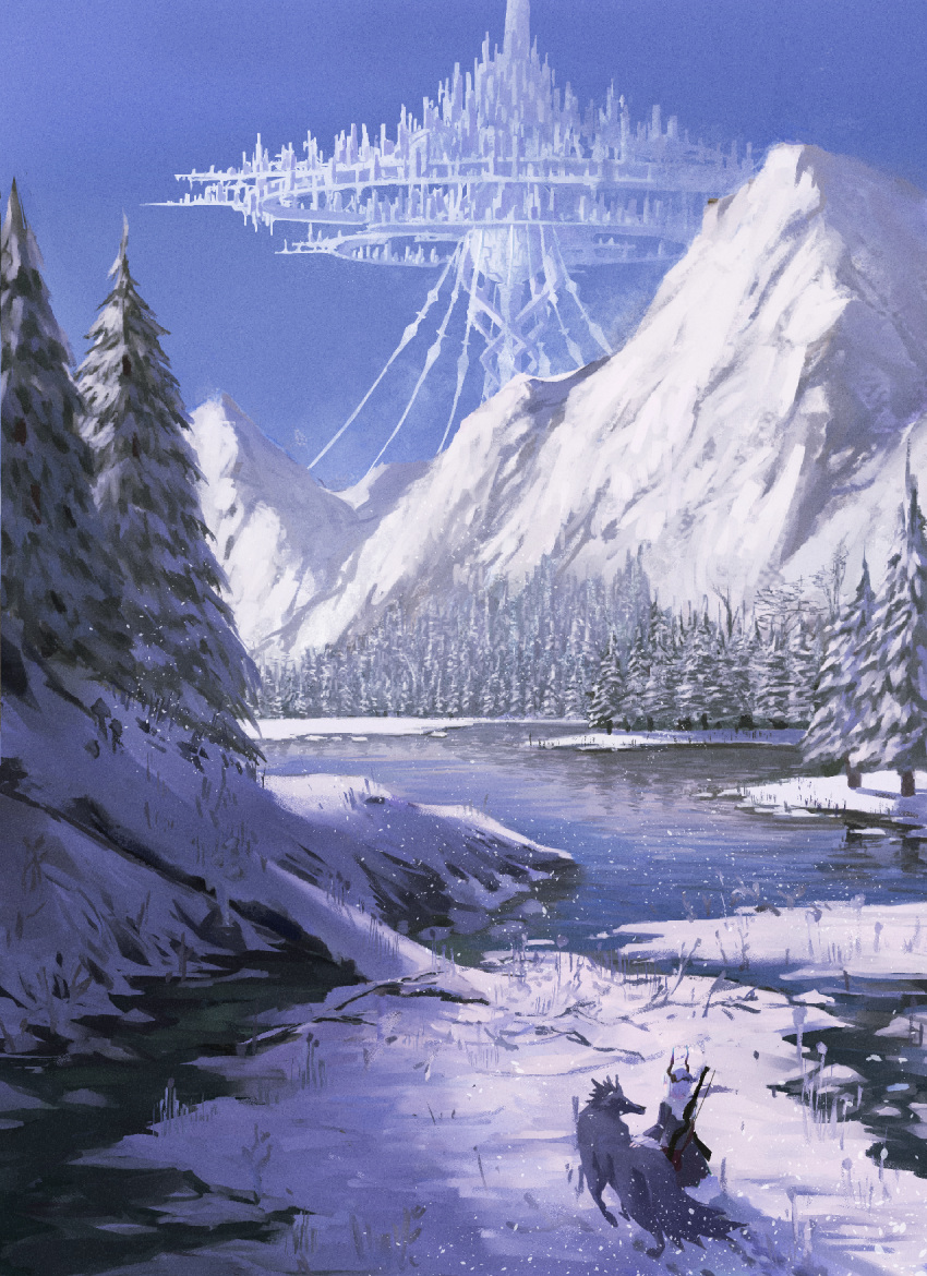 1girl commentary_request concept_art day film_grain highres horns lake long_sleeves mountain original outdoors scenery snow snowscape solo standing tree wide_shot wide_sleeves yofuke/yofu