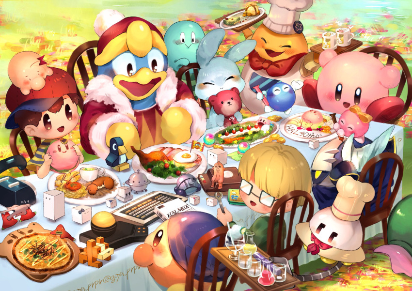 1other 5boys :d ^_^ anniversary apron armor arms_up artist_name badge bandana bandana_waddle_dee baseball_cap blonde_hair blue_cape blue_shirt blush bow box boxboy! brown_eyes brown_hair burger button_badge camera cape carrot chair character_food character_request chef_hat chef_kawasaki cherry_tomato closed_eyes closed_mouth coin commentary_request copyright_request crossover cup dog doseisan drinking_glass drinking_straw egg_(food) erlenmeyer_flask figure flag flask food french_fries fried_egg fruit fur-trimmed_jacket fur-trimmed_sleeves fur_trim glasses green_jacket hair_between_eyes hal_laboratory hat hataraku_ufo highres holding holding_food holding_stuffed_toy holding_tray holding_wrench inutamago jacket jeff_andonuts jobski kawao9 keyboard_(computer) king_dedede kirby kirby_(series) kirby_burger kirby_cafe lalala_(kirby) lettuce lololo_(kirby) long_sleeves looking_at_another looking_to_the_side mask meta_knight mother_(game) mother_2 mug multiple_boys neckerchief ness_(mother_2) on_chair on_head opaque_glasses open_clothes open_jacket open_mouth orange_(fruit) orange_slice outdoors pasta pauldrons pizza plate pom_pom_(clothes) qbaby qbby qucy qudy rabbit rectangular_eyewear red_bandana red_headwear red_jacket red_neckerchief round-bottom_flask salad shirt short_hair short_sleeves shoulder_armor sitting smile spaghetti standing star_(symbol) starman_(mother) striped striped_shirt stuffed_animal stuffed_toy t-shirt table tablecloth teddy_bear tofu tomato tray two-tone_shirt ufo waddle_dee white_apron white_headwear wrench yellow_bow yellow_shirt