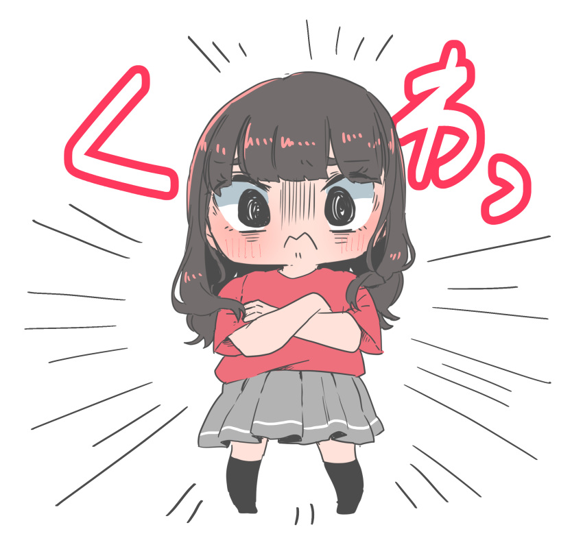 1girl :&lt; angry black_socks blush brown_hair character_request check_character chibi commentary_request crossed_arms full_body grey_skirt highres kashikaze kneehighs komiya_arisa kurosawa_dia long_hair looking_at_viewer love_live! love_live!_sunshine!! pleated_skirt real_life red_shirt shirt short_sleeves simple_background skirt socks solo translation_request transparent_background voice_actor voice_actor_connection wavy_mouth
