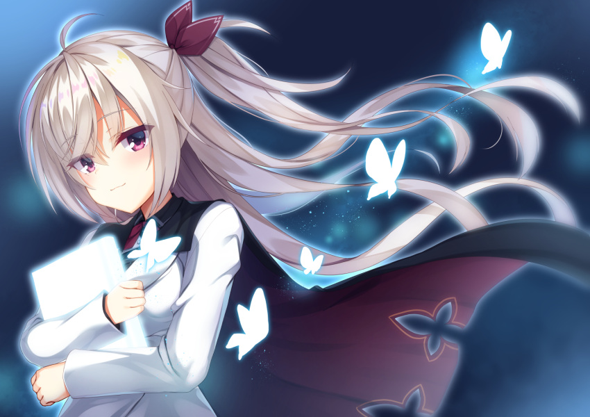 1girl :3 ahoge akizuki_kanna aria_(koiiroharemoyou) black_cape blue_background blue_butterfly blush book bug butterfly cafe_stella_to_shinigami_no_chou cape closed_mouth commentary_request crossed_bangs eyelashes eyes_visible_through_hair floating_hair glowing_book glowing_butterfly hair_between_eyes half_updo hands_up holding holding_book jacket light_brown_hair long_hair long_sleeves looking_at_viewer side_ponytail simple_background smile solo upper_body very_long_hair violet_eyes white_jacket