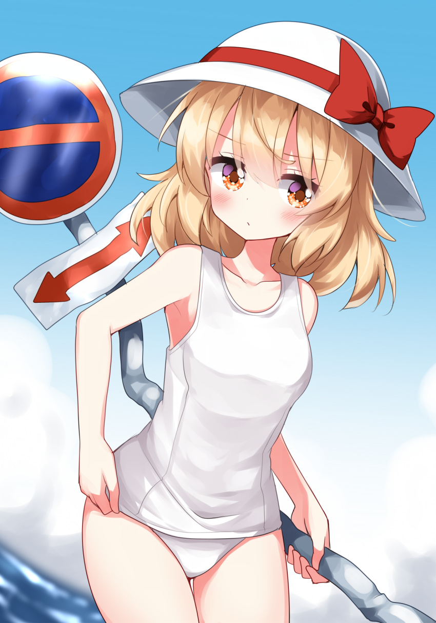 1girl blue_sky blush bow closed_mouth clouds collarbone commentary_request cowboy_shot hat hat_bow highres holding horizon kana_anaberal looking_at_viewer one-piece_swimsuit orange_eyes outdoors red_bow road_sign ruu_(tksymkw) sign sky solo swimsuit touhou touhou_(pc-98) white_headwear white_one-piece_swimsuit
