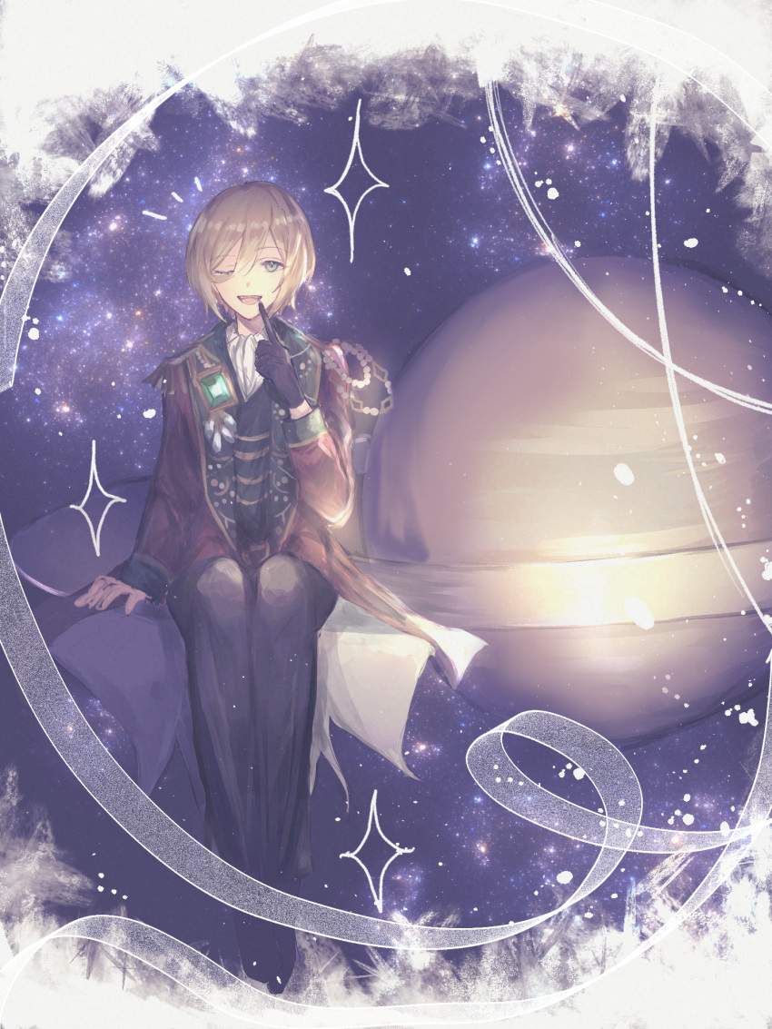 1boy black_pants blonde_hair blue_eyes border ensemble_stars! green_jacket highres jacket looking_at_viewer male_focus multicolored_clothes multicolored_jacket ntec231 one_eye_closed pants red_jacket saturn_(planet) short_hair sitting sky solo sparkle star_(sky) starry_background starry_sky tenshouin_eichi white_border