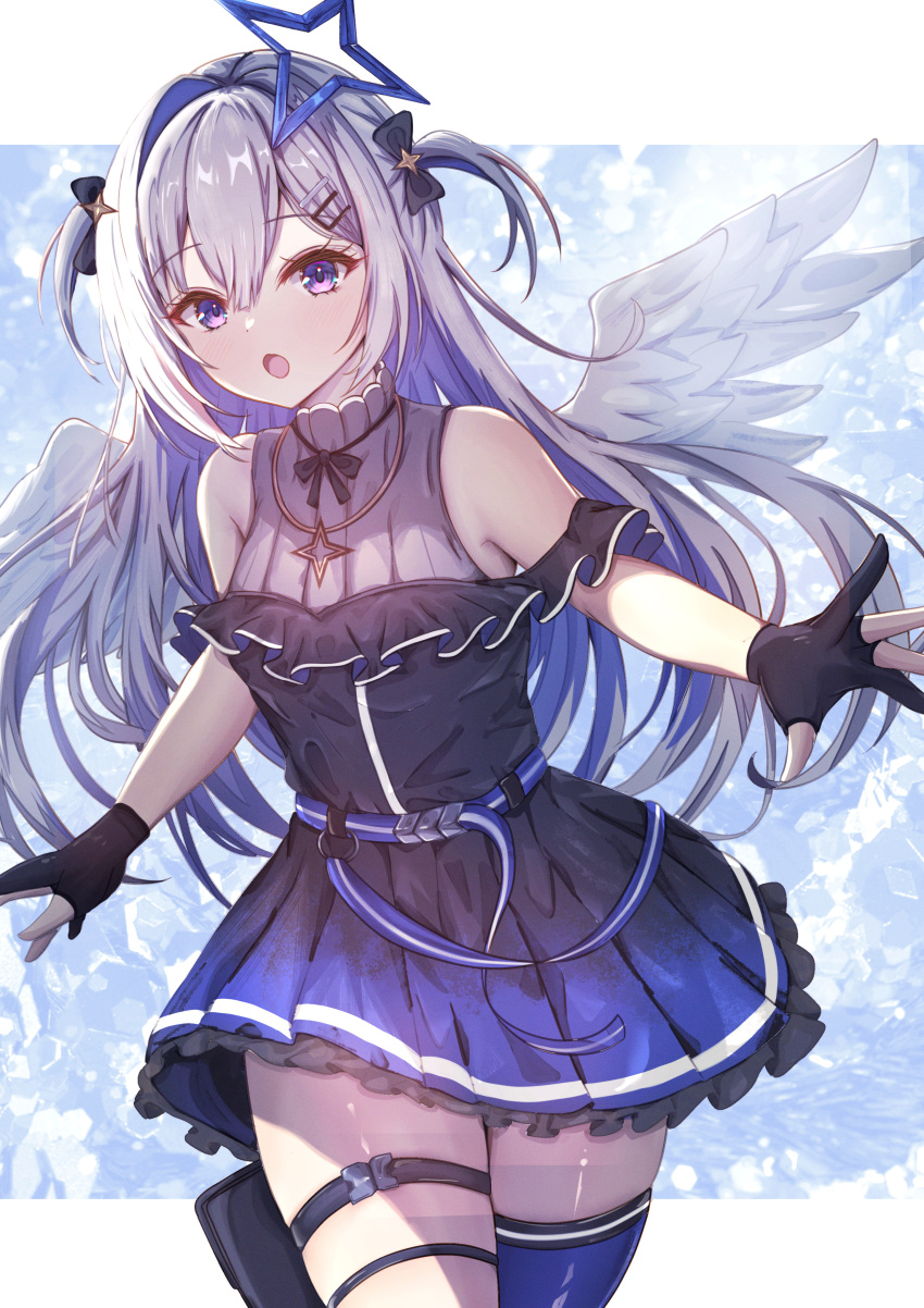 absurdres amane_kanata black_dress black_gloves dress feathered_wings gloves hair_between_eyes highres hololive leaning_forward long_hair looking_at_viewer mito_soosu open_mouth partially_fingerless_gloves short_twintails sidelocks single_thighhigh standing thigh-highs thigh_strap twintails violet_eyes virtual_youtuber white_hair white_wings wings