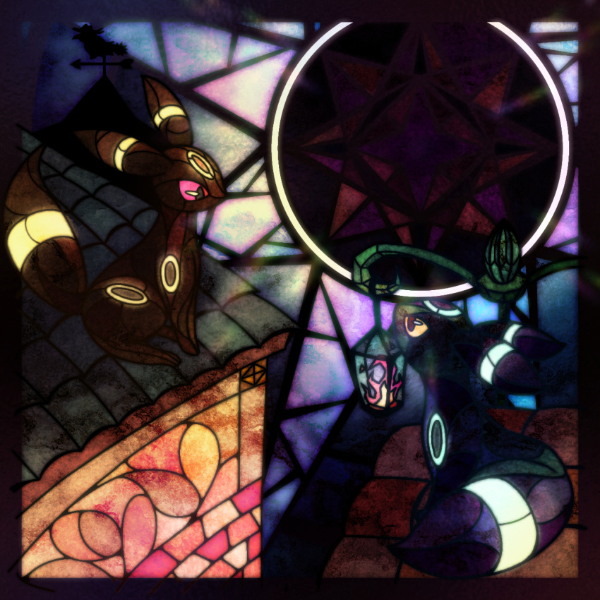 alternate_color black_border black_eyes border colored_sclera commentary_request eye_contact facial_mark fire forehead_mark free_butterfree from_behind full_body highres lantern looking_at_another outside_border partial_commentary pokemon pokemon_(creature) red_sclera rooftop shiny_and_normal shiny_pokemon sitting stained_glass umbreon yellow_sclera