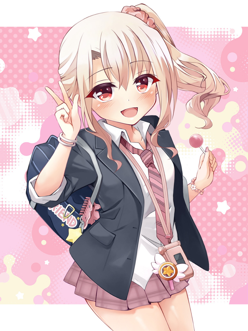 1girl bag black_jacket blush bracelet breasts candy cellphone_charm charm_(object) collared_shirt dress_shirt fate/kaleid_liner_prisma_illya fate_(series) food highres illyasviel_von_einzbern jacket jewelry lollipop long_hair long_sleeves looking_at_viewer magical_ruby mochi_(k620803n) necktie open_clothes open_jacket open_mouth pink_skirt red_eyes school_bag school_uniform shirt side_ponytail sidelocks skirt small_breasts smile solo thighs white_hair white_shirt