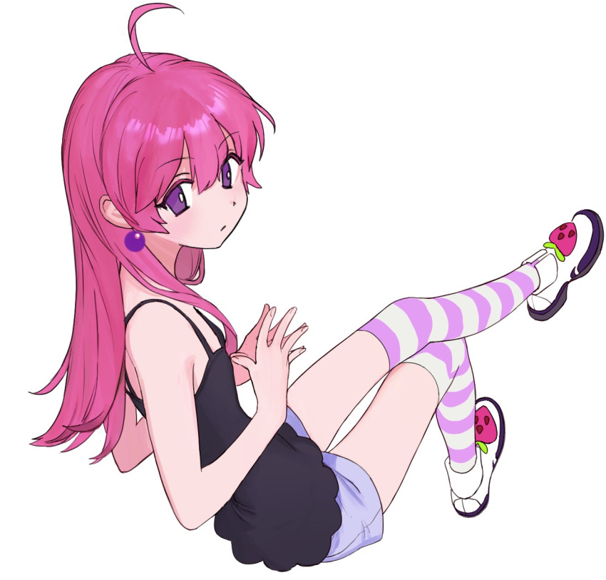1girl ahoge blush camisole check_copyright copyright_request earrings etizojima expressionless flat_chest highres jewelry long_hair looking_at_viewer original own_hands_together pink_hair short_shorts shorts simple_background sitting solo steepled_fingers striped striped_thighhighs thigh-highs violet_eyes white_background