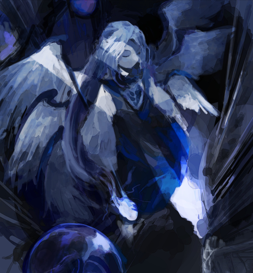 1other androgynous black_dress blue_hair blue_theme colored_skin commentary_request dress feathered_wings highres kaigen_1025 light_blue_hair long_hair multiple_wings no_mouth other_focus sariel_(touhou) shirt solo touhou touhou_(pc-98) white_shirt white_skin white_wings wings