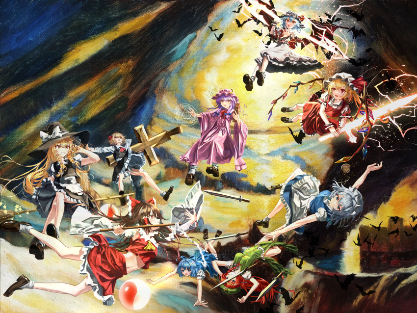 6+girls absurdres bat_(animal) bat_wings black_dress blonde_hair blue_dress blue_hair blue_ribbon book broom broom_riding brown_hair crescent crescent_pin dress embodiment_of_scarlet_devil flandre_scarlet green_dress hakurei_reimu hat highres ibushi_roun izayoi_sakuya japanese_clothes kirisame_marisa maid maid_headdress miko multiple_girls patchouli_knowledge pink_dress pink_hair red_dress redhead remilia_scarlet ribbon rumia touhou white_dress wings witch_hat