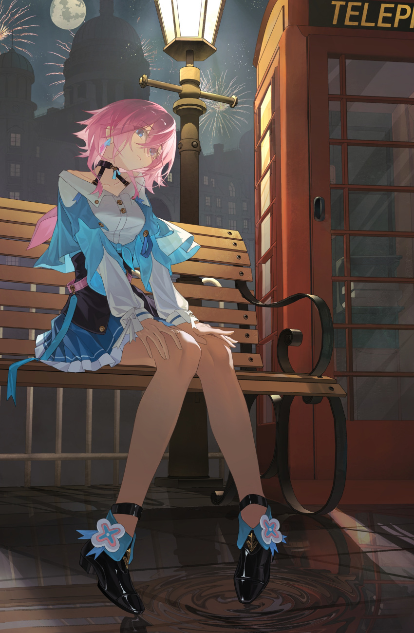 1girl absurdres bench black_choker black_corset black_footwear blue_eyes blue_jacket blue_skirt boots breasts building buttons chinese_commentary choker closed_mouth collarbone commentary_request corset dress_shirt earrings english_text head_tilt high_heel_boots high_heels highres honkai:_star_rail honkai_(series) jacket jewelry knees_together_feet_apart lamppost long_sleeves looking_at_viewer march_7th_(honkai:_star_rail) medium_breasts medium_hair miniskirt moon night on_bench open_clothes open_jacket phone_booth pink_hair pleated_skirt ripples shirt single_earring sitting skirt solo tied_jacket white_shirt window yeyiye_(2954504619)