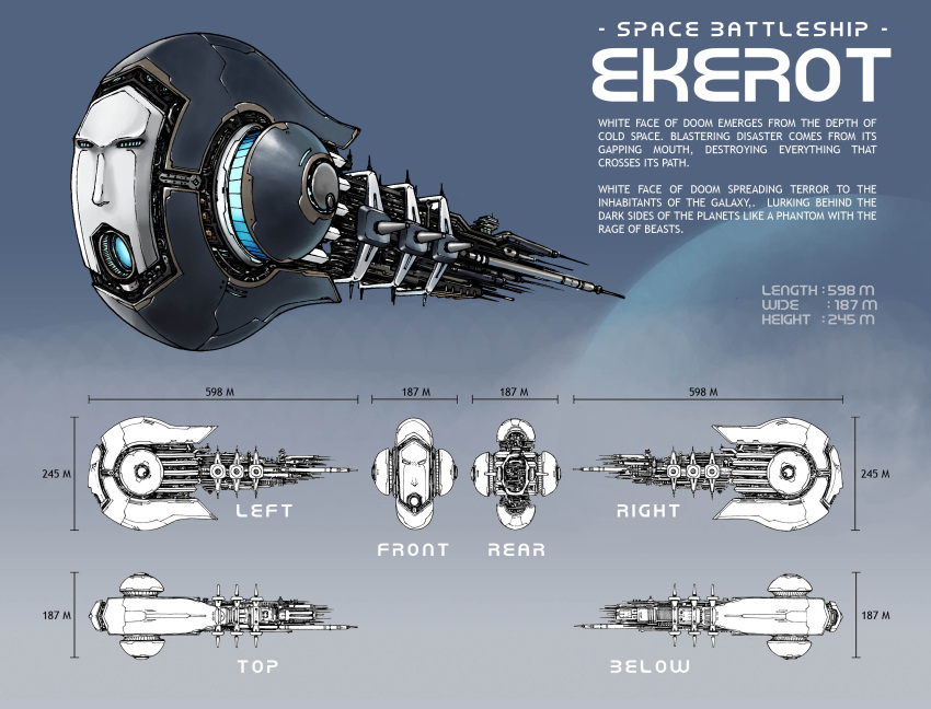 absurdres battlecruiser_(eve_online) commentary concept_art darth-iskander english_text eve_online from_side glowing highres military_vehicle multiple_views no_humans original reference_sheet science_fiction spacecraft vehicle_focus