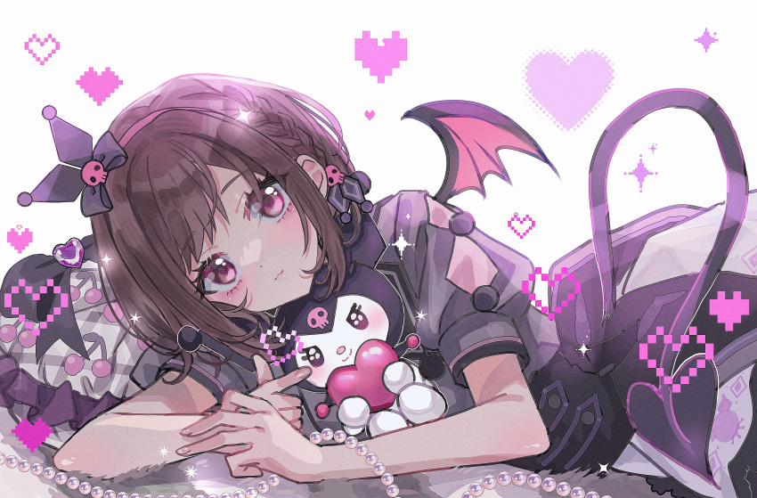 1girl absurdres beads black_bow black_corset black_tail black_wings blush bow braid brown_hair cherry_print closed_mouth commentary corset demon_tail earrings english_commentary eyelashes food_print french_braid frilled_pillow frills grey_shirt hair_bow hair_ornament heart highres jewelry kuromi looking_at_viewer lying mafuyusdil on_side onegai_my_melody pillow pixel_heart project_sekai puffy_short_sleeves puffy_sleeves sanrio shinonome_ena shirt short_hair short_sleeves sidelocks simple_background single_braid single_earring skirt skull_earrings skull_hair_ornament sparkle swept_bangs tail violet_eyes white_background wings