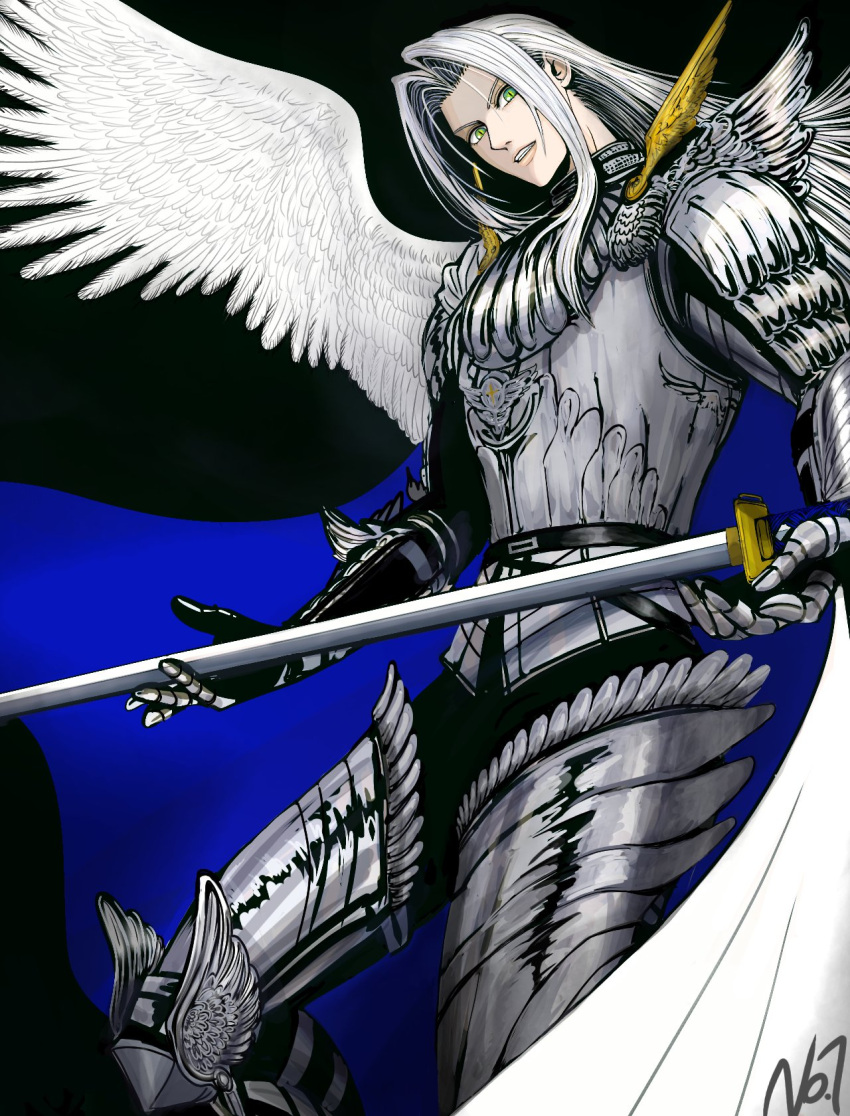 1boy alternate_costume armor armored_boots belt black_background black_belt black_pants blue_cape boots breastplate cape cowboy_shot feathered_wings final_fantasy final_fantasy_vii full_armor green_eyes grey_hair highres holding holding_sword holding_weapon long_bangs long_hair looking_at_viewer male_focus metal_gloves pants parted_bangs parted_lips sephiroth sephirothcopy7 signature single_wing slit_pupils solo sword two-tone_cape weapon white_cape white_wings wings