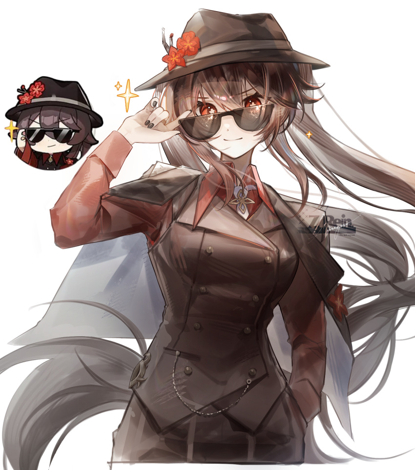 1girl black_nails brown_hair flower flower-shaped_pupils genshin_impact glass highres hu_tao_(genshin_impact) long_hair looking_at_viewer plum_blossoms red_eyes red_shirt rosie-reia shirt simple_background symbol-shaped_pupils white_background