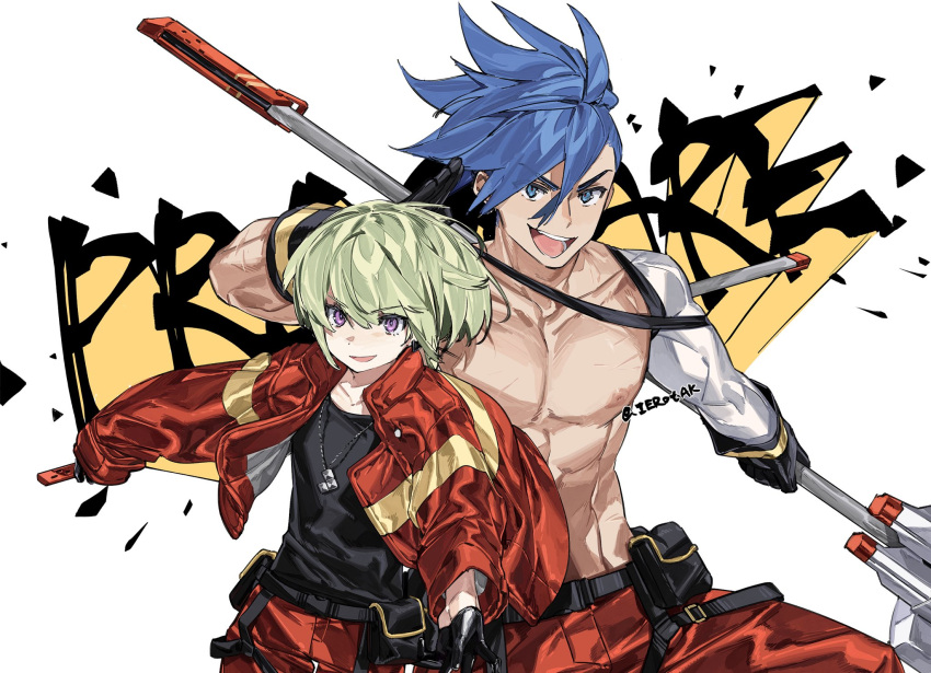 2boys abs black_gloves black_shirt blue_eyes blue_hair copyright_name firefighter_jacket galo_thymos gloves green_hair hair_between_eyes highres holding ierotak jacket jewelry lio_fotia long_sleeves male_focus multiple_boys necklace nipples open_clothes open_jacket open_mouth pants promare shirt simple_background spiky_hair toned toned_male topless_male twitter_username violet_eyes