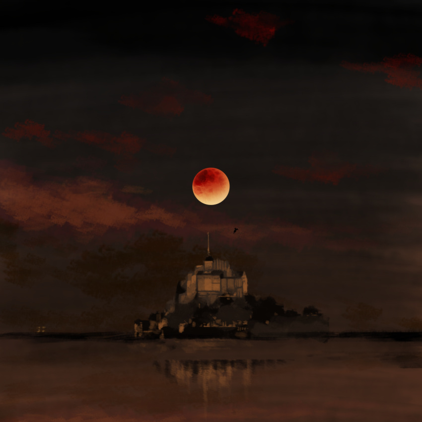 clouds commentary_request highres kaigen_1025 moon night no_humans red_moon reflection reflective_water scarlet_devil_mansion scenery tagme touhou water