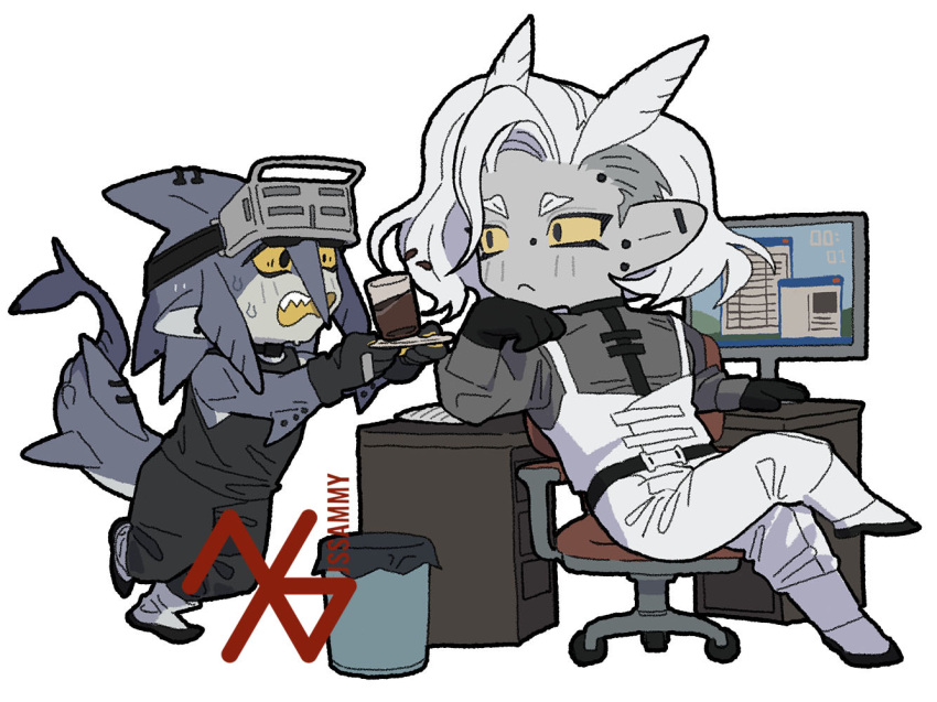 2boys :&lt; antennae artist_logo artist_name black_eyes black_gloves closed_mouth clumsy colored_sclera commission crossed_legs desk drink ear_piercing elbow_rest fins fish_tail full_body gloves goggles goggles_on_head grey_hair head_rest holding holding_plate jssammy_zhou long_sleeves looking_at_another male_focus monitor monster_boy multiple_boys nose_piercing open_mouth original overalls piercing plate pointy_ears shark_boy shark_tail sharp_teeth short_eyebrows short_hair sidelocks simple_background sitting solo sweat swivel_chair tail tank_top teeth trash_can white_background white_overalls yellow_sclera