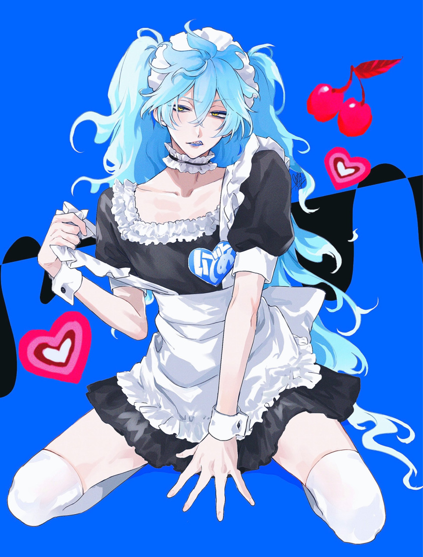 1boy absurdres alternate_costume apron black_choker black_dress blue_background blue_eyeshadow blue_hair blue_lips cherry choker commentary_request crossdressing crossed_bangs dress enmaided eyeshadow fiery_hair food frilled_apron frilled_choker frills fruit hair_between_eyes hand_up heart highres idia_shroud khr long_hair looking_at_viewer maid maid_headdress makeup male_focus parted_lips puffy_short_sleeves puffy_sleeves raised_eyebrow sharp_teeth short_sleeves sidelocks signature simple_background sitting solo teeth thigh-highs twintails twisted_wonderland very_long_hair white_apron white_thighhighs wrist_cuffs yellow_eyes zettai_ryouiki