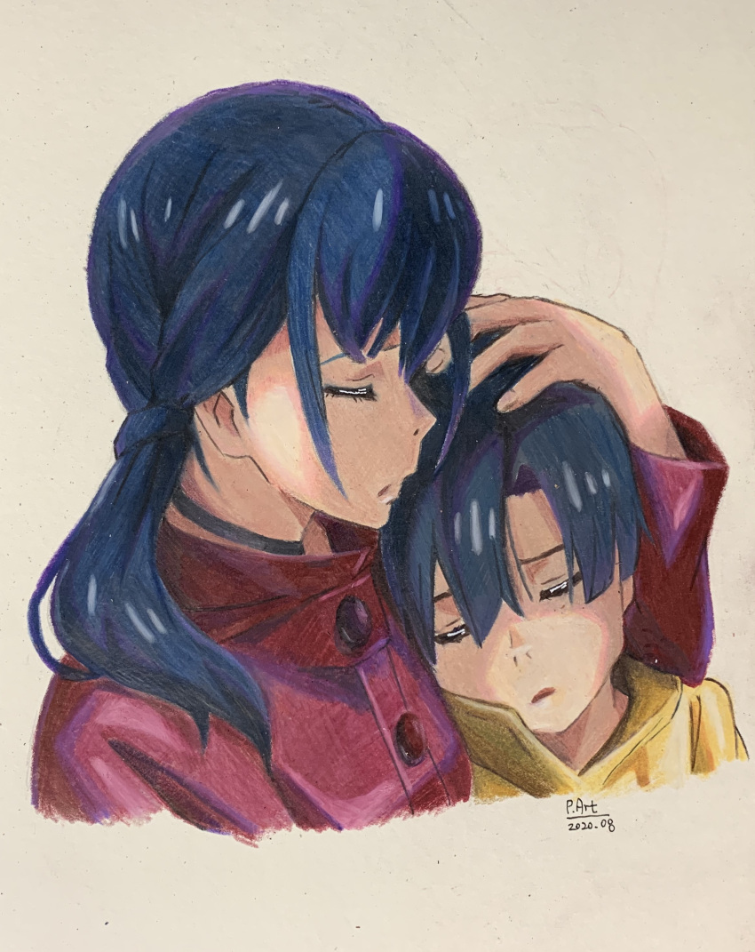 1boy 1girl absurdres amano_hina_(tenki_no_ko) amano_nagi artist_name black_choker black_hair blue_hair brother_and_sister choker closed_eyes colored_pencil_(medium) commentary dated english_commentary highres long_hair long_sleeves low_twintails making-of_available mixed-language_commentary p.art red_raincoat short_hair siblings tenki_no_ko traditional_media twintails upper_body yellow_raincoat