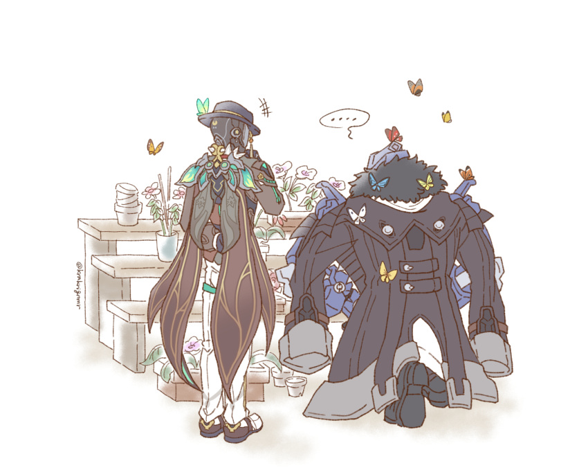 ... 2boys arm_behind_back black_coat black_headwear bug butterfly butterfly_on_shoulder coat commentary_request flower flower_pot from_behind honkai:_star_rail honkai_(series) krakrignmr looking_at_another looking_at_flowers male_focus monocle multiple_boys on_one_knee robot screwllum_(honkai:_star_rail) standing svarog_(honkai:_star_rail) twitter_username white_background