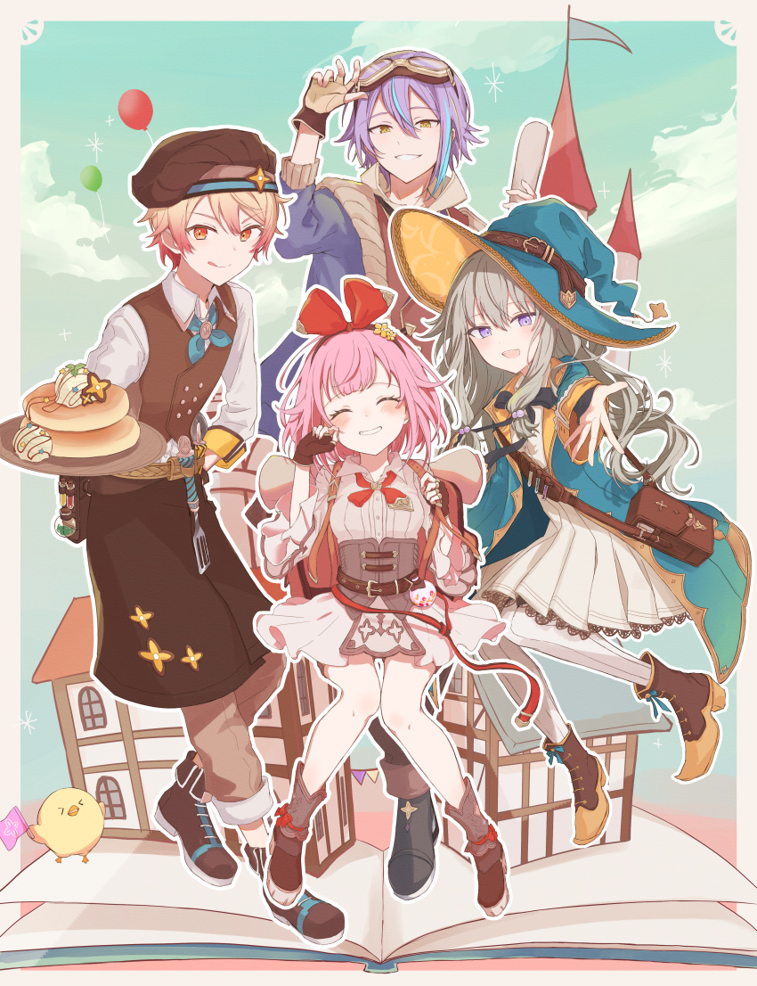 &gt;_&lt; 2boys 2girls :d :q ^_^ absurdres apron aqua_coat aqua_hair aqua_headwear aqua_neckerchief aqua_ribbon arm_up atashi-tachi_no_happy_end_(project_sekai) backpack bag balloon belt belt_buckle belt_pouch beret bird black_bow black_bowtie black_footwear blonde_hair blue_jacket blue_sky blush book boots border bow bowtie brooch brown_apron brown_bag brown_belt brown_footwear brown_gloves brown_hairband brown_headwear brown_pants brown_vest buckle buttons castle chick chocolate_syrup closed_eyes closed_mouth clouds coat collared_dress collared_shirt commentary_request corset day double-breasted dress dress_shirt eyelashes fingerless_gloves flag fold-over_boots food footwear_bow frilled_sleeves frills gloves goggles goggles_on_head gradient_hair grey_corset grey_hair grin hair_between_eyes hair_ribbon hairband hand_on_own_hip hands_up hat hat_belt highres holding holding_flag holding_tray house ice_cream jacket jewelry kamishiro_rui kusanagi_nene lace-trimmed_dress lace_trim licking_lips long_hair long_sleeves looking_at_viewer low-tied_sidelocks multicolored_hair multiple_boys multiple_girls natsuna_(momomoiro) neckerchief official_alternate_costume ootori_emu open_book open_clothes open_coat open_jacket open_mouth orange_eyes orange_hair outline outstretched_arm pancake pants pantyhose pink_hair popped_collar pouch project_sekai purple_hair red_bow red_neckerchief red_ribbon redhead ribbon satchel shirt short_hair sidelocks sky sleeve_cuffs smile spatula sprinkles star_(symbol) streaked_hair string_of_flags teeth tenma_tsukasa test_tube tongue tongue_out tray two-tone_gloves vest vial violet_eyes white_border white_dress white_outline white_pantyhose white_shirt wide_sleeves wing_collar witch_hat wonderlands_x_showtime_(project_sekai) yellow_eyes