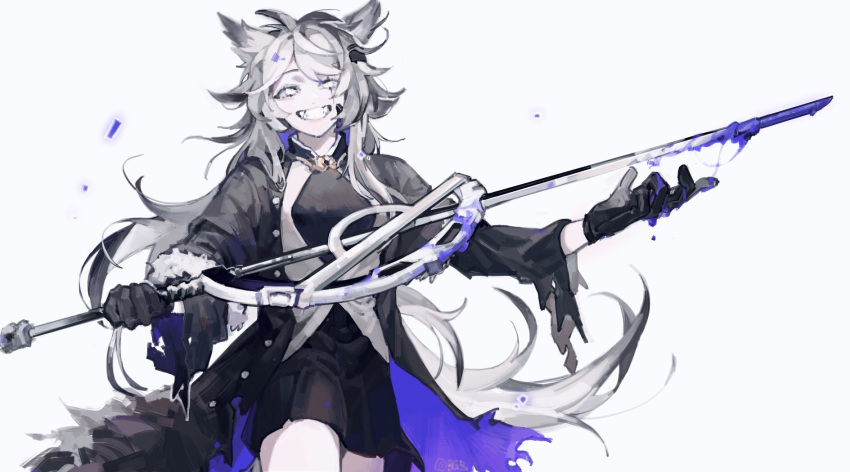 1girl animal_ears arknights bingbuliguozi black_coat black_dress black_gloves blood blue_blood coat dress gloves grin highres holding holding_sword holding_weapon lappland_(arknights) lappland_(refined_horrormare)_(arknights) long_sleeves simple_background smile solo standing sword weapon white_background white_eyes wolf_ears