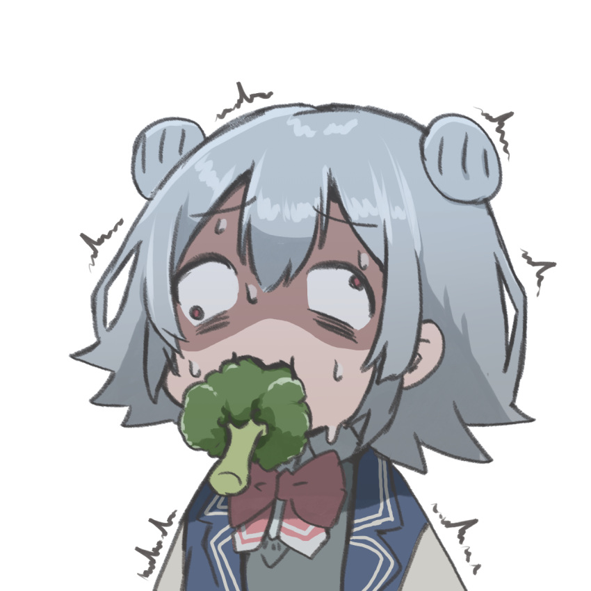 1girl ^^^ bags_under_eyes blazer bow bowtie broccoli cevio chibi collared_shirt commentary_request constricted_pupils disgust double_bun food_in_mouth furrowed_brow grey_hair grey_sweater hair_bun highres hon_mirin_(nodaminn) jacket koharu_rikka nervous_sweating open_clothes open_jacket pink_bow pink_bowtie raised_eyebrows red_eyes shaded_face shirt simple_background solo sweat sweater synthesizer_v twitching upper_body wall-eyed white_background