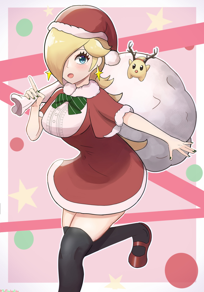 1girl :d alternate_costume antlers black_thighhighs blonde_hair blue_eyes bow capelet christmas dress earrings fake_antlers fur_trim green_bow green_nails hair_over_one_eye hat highres holding holding_sack index_finger_raised jewelry long_hair looking_at_viewer luma_(mario) open_mouth red_capelet red_dress red_footwear red_headwear reindeer_antlers rosalina sack santa_costume santa_dress santa_hat smile star_(symbol) star_earrings striped striped_bow super_mario_bros. thedarkestuno thigh-highs