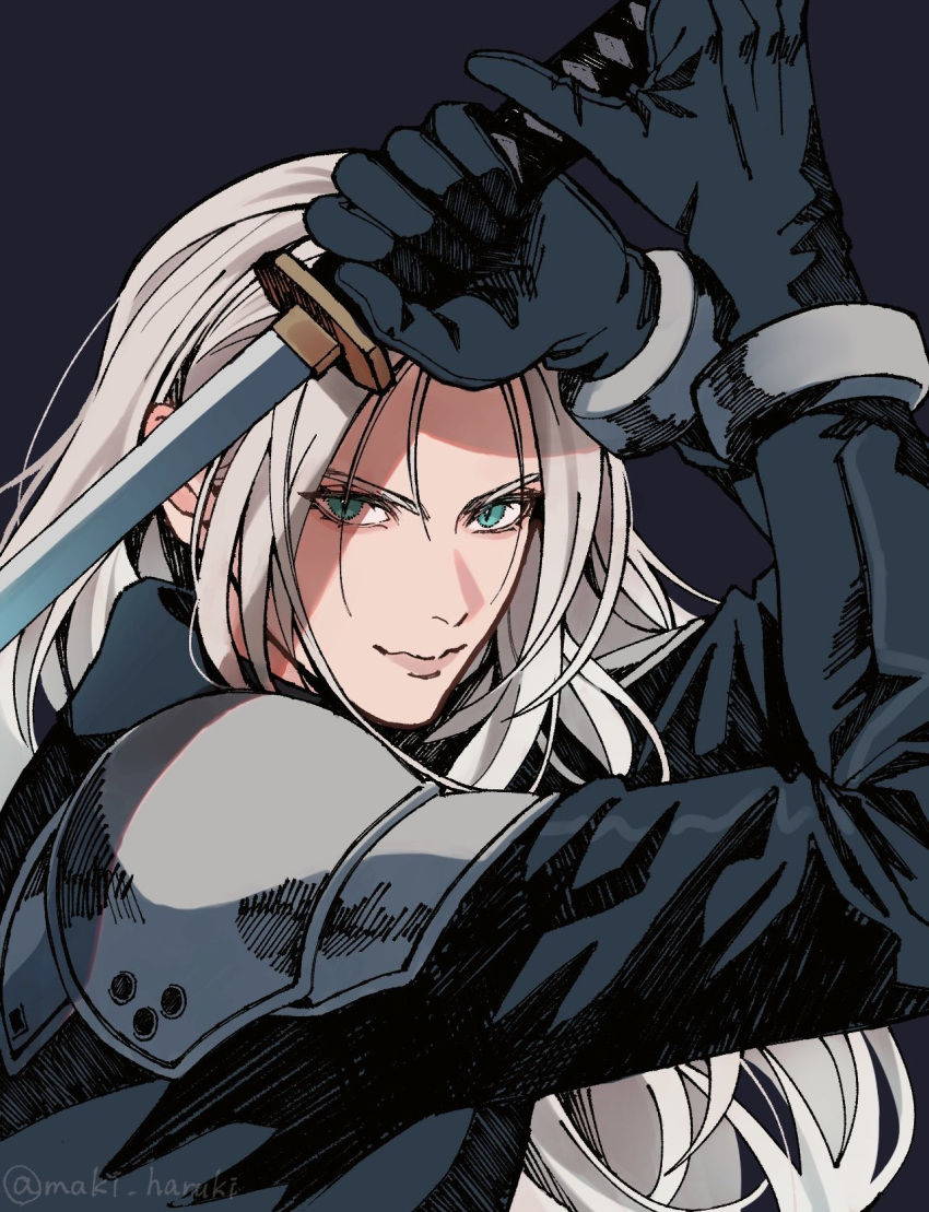 1boy armor black_background black_gloves black_jacket closed_mouth commentary_request fighting_stance final_fantasy final_fantasy_vii final_fantasy_vii_rebirth final_fantasy_vii_remake gloves green_eyes grey_hair highres holding holding_sword holding_weapon jacket long_bangs long_hair long_sleeves looking_at_viewer maki_haruki male_focus masamune_(ff7) parted_bangs sephiroth shoulder_armor slit_pupils smile solo sword upper_body weapon
